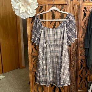 ARULA Plaid Off-Shoulder mini dress in Gray and Cream